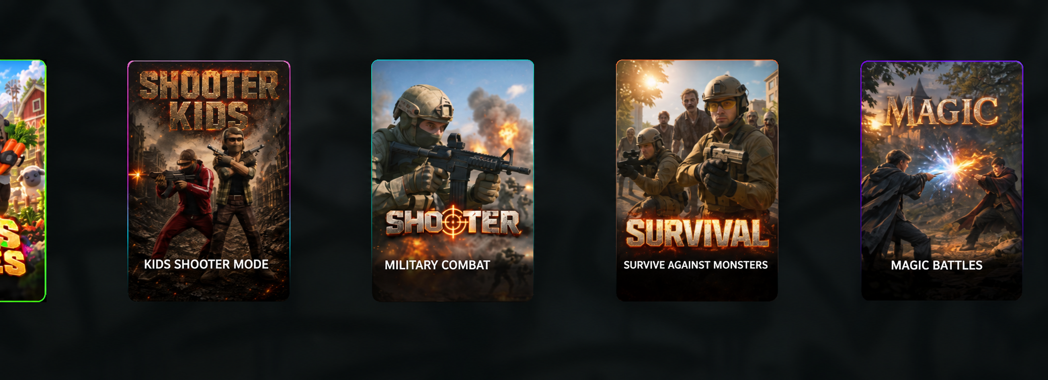 Administrator mode cards: Shooter Kids, Shooter, Survival and Magic