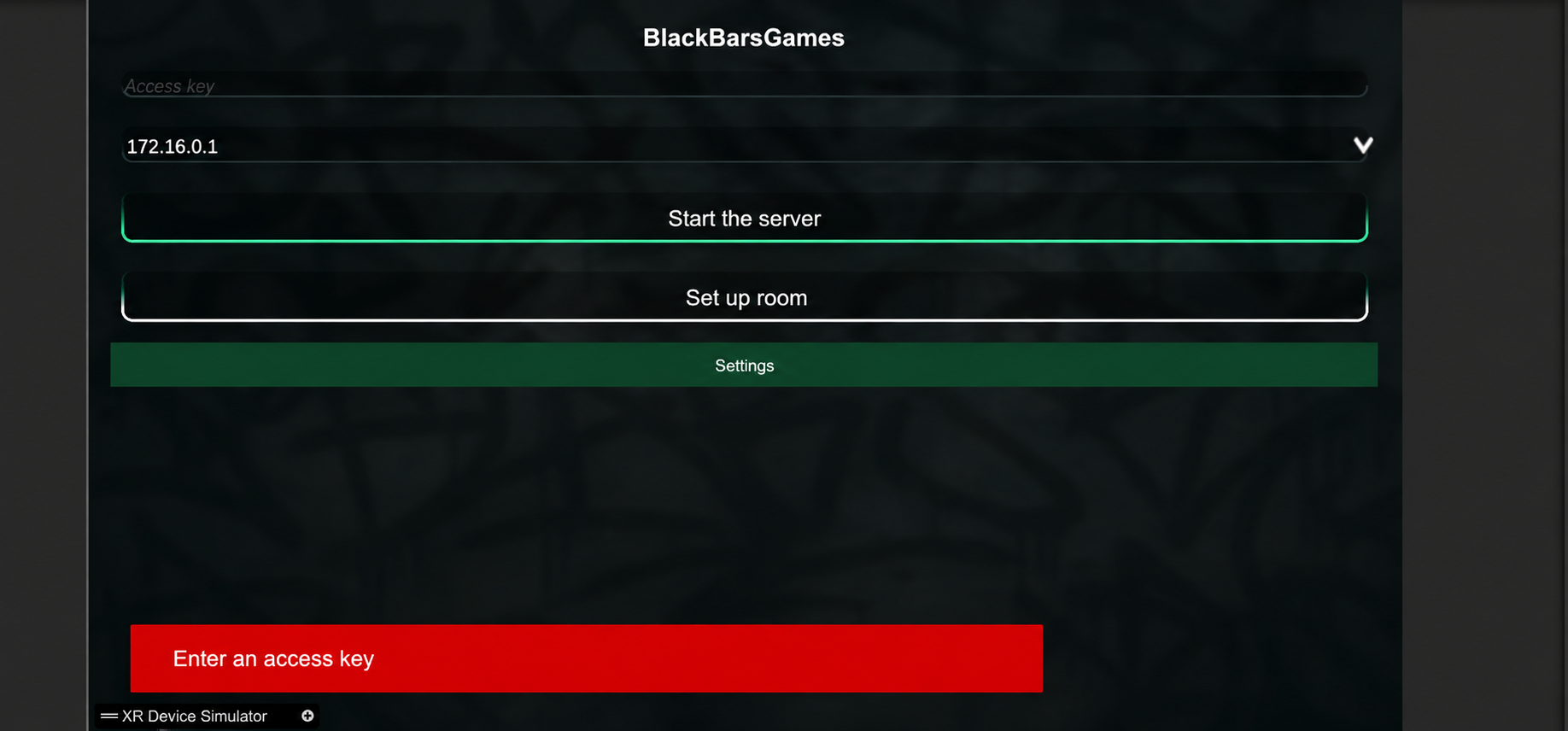 Server launch screen: access key, IP address, Start the server, Set up room and Settings