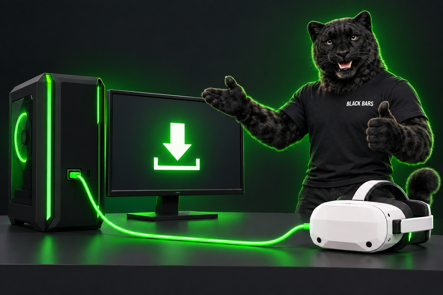 Black Bars mascot demonstrating USB headset installation
